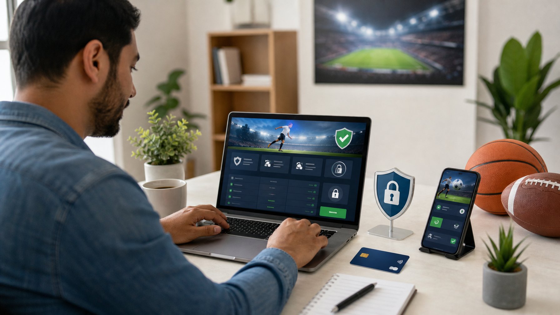Orang dewasa memeriksa platform olahraga daring dengan simbol keamanan di ruang kerja modern.