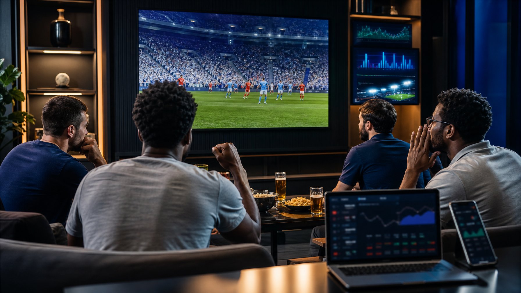 Penggemar olahraga menonton pertandingan sepak bola secara langsung di ruang tontonan modern.