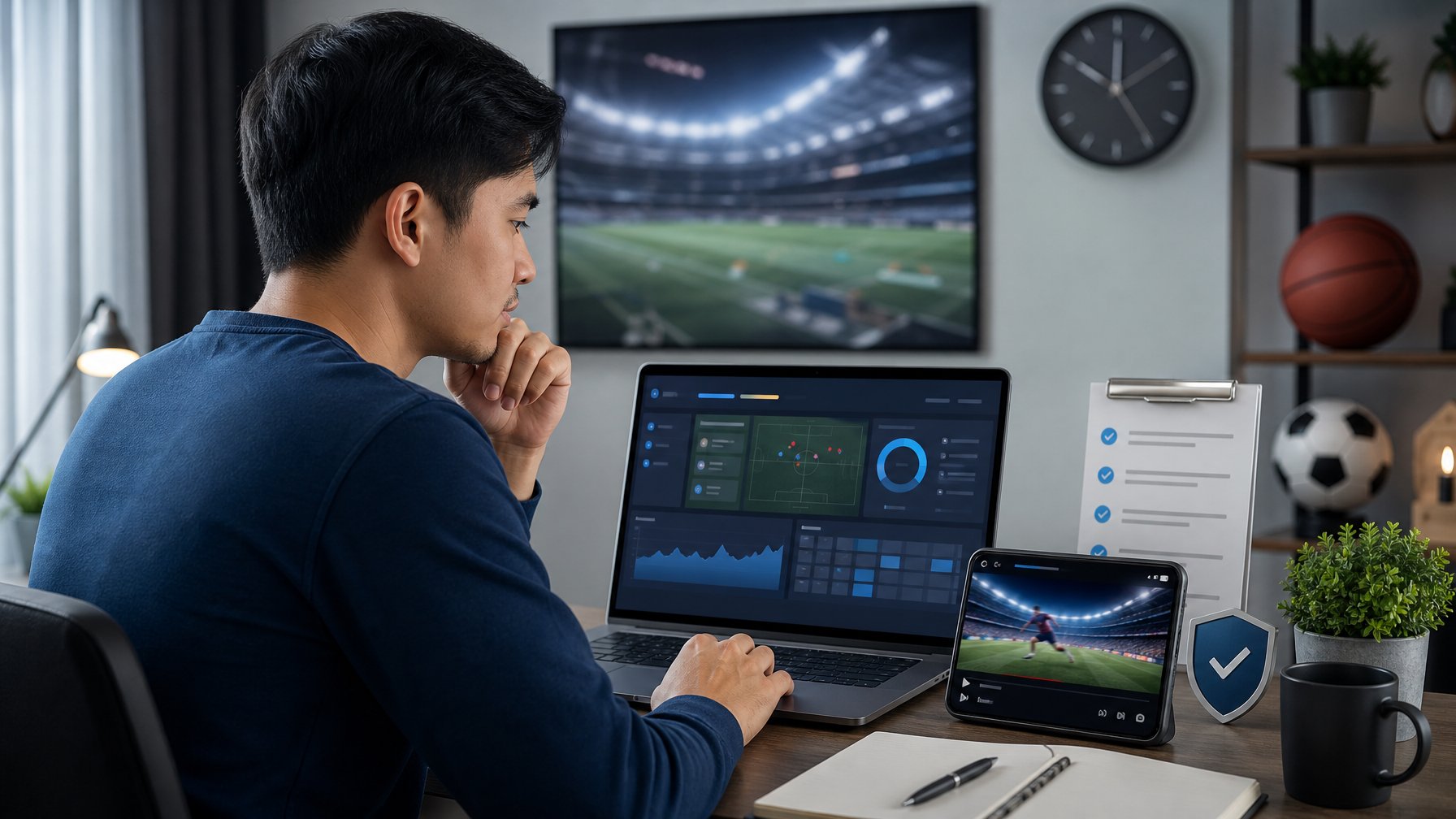 Orang dewasa memeriksa informasi olahraga pada laptop dan ponsel di meja kerja.