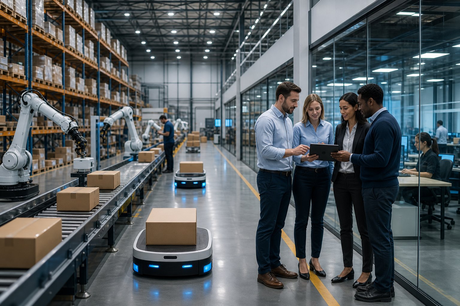 Logistics professionals oversee automated robots and conveyor systems in a modern distribution center.