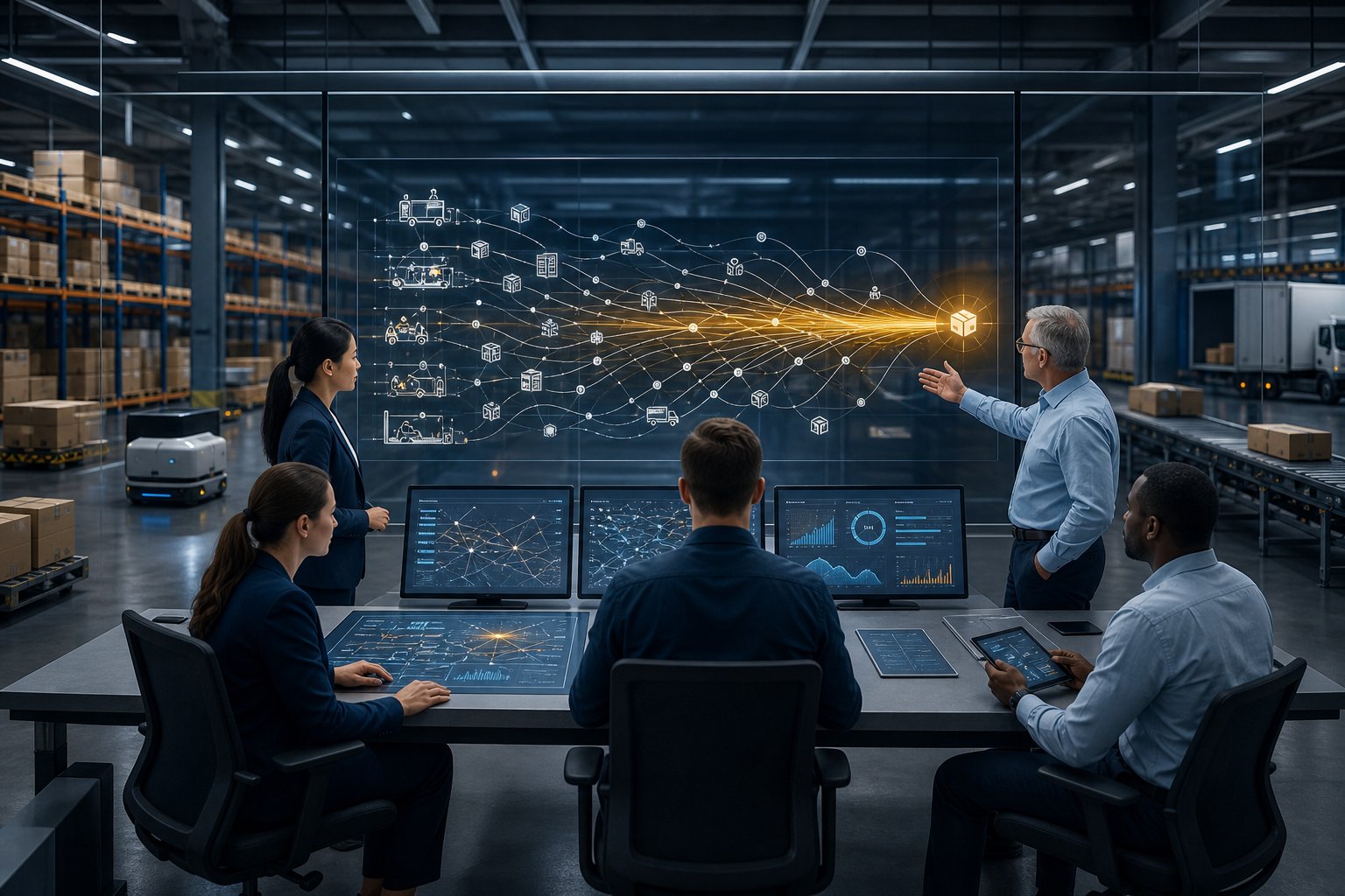 Operations professionals coordinate an organized logistics workflow in a modern control center connected to a warehouse.
