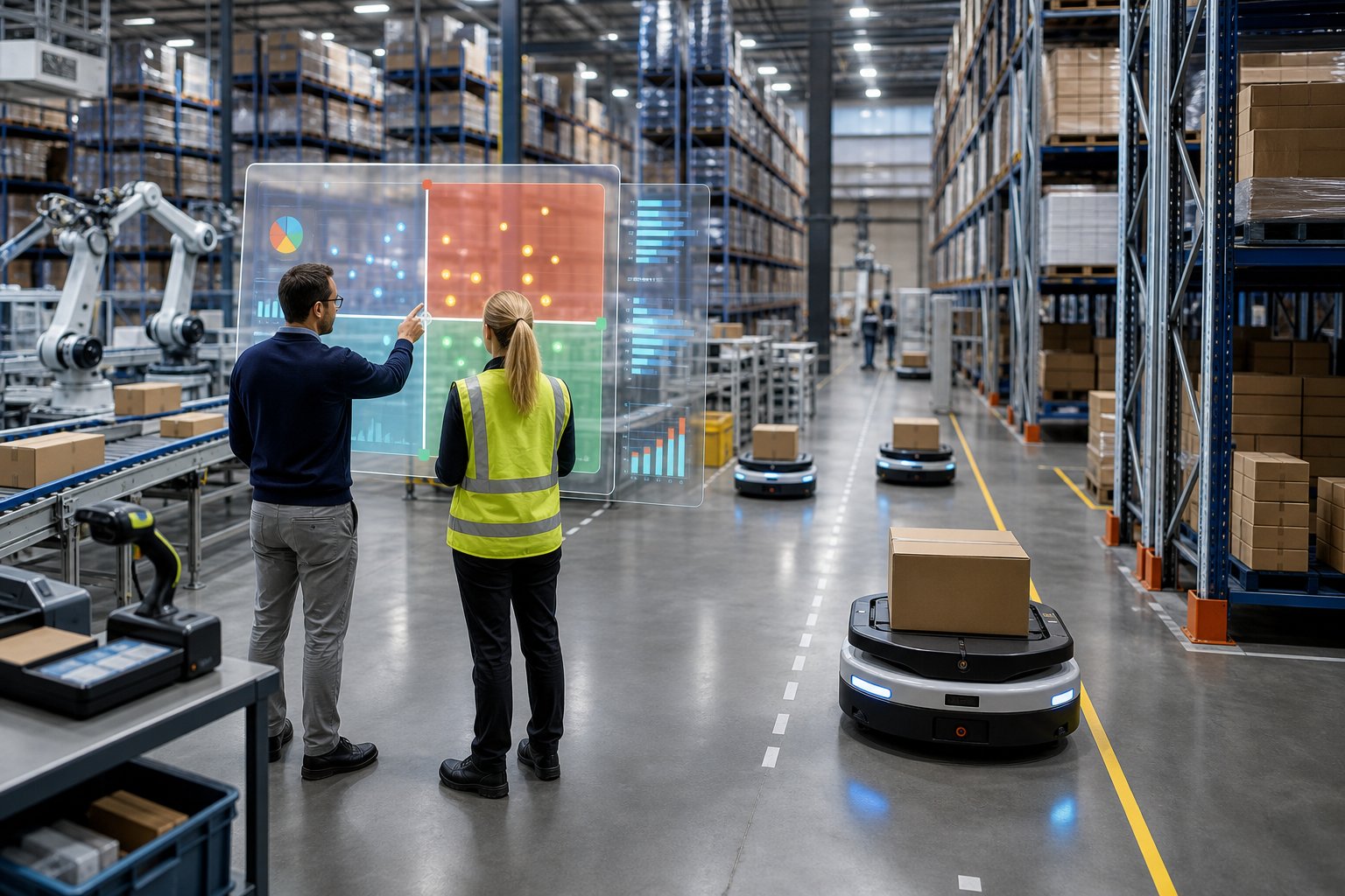 Two logistics professionals review warehouse automation priorities while robots and conveyors move inventory through an organized fulfillment center.
