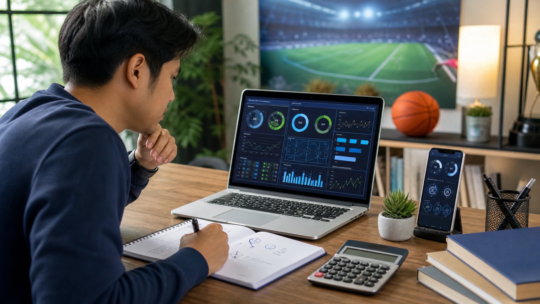 Seorang pemula mempelajari data olahraga dan peluang melalui laptop di meja kerja modern.