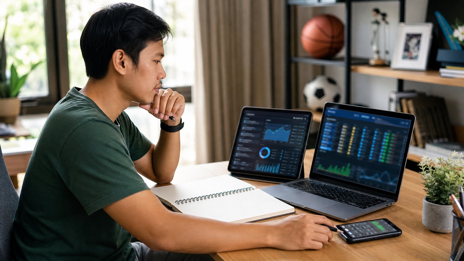 Pemula mempelajari data odds olahraga melalui laptop dan tablet di meja kerja.