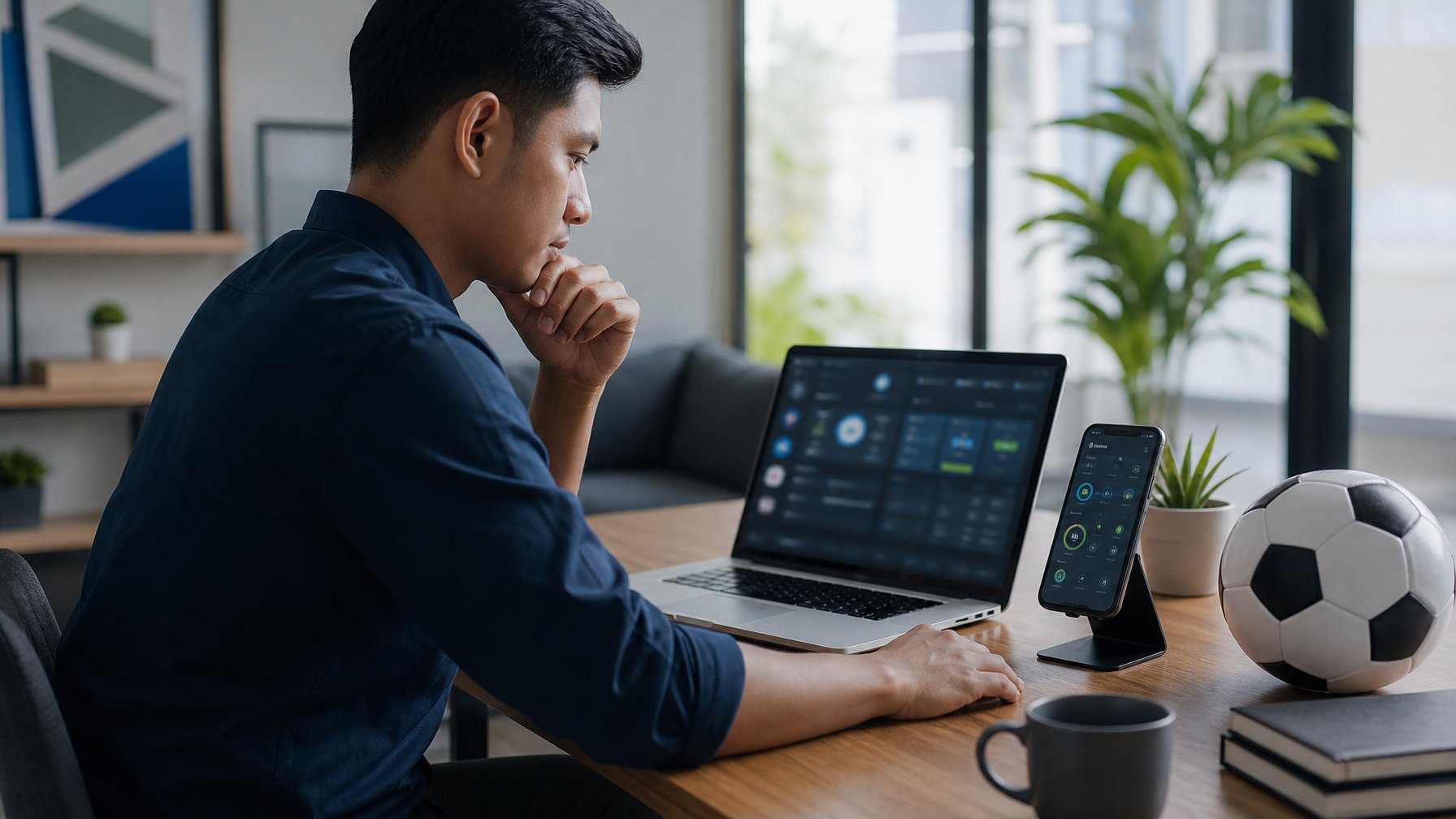 Orang dewasa meninjau statistik olahraga pada laptop dan ponsel di meja kerja modern dengan bola sepak di sampingnya.