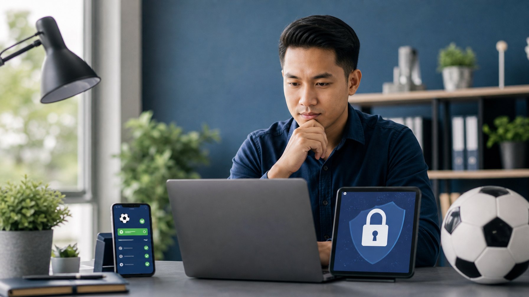Seseorang meninjau platform sepak bola digital dengan laptop, ponsel, bola, dan simbol keamanan di meja kerja.