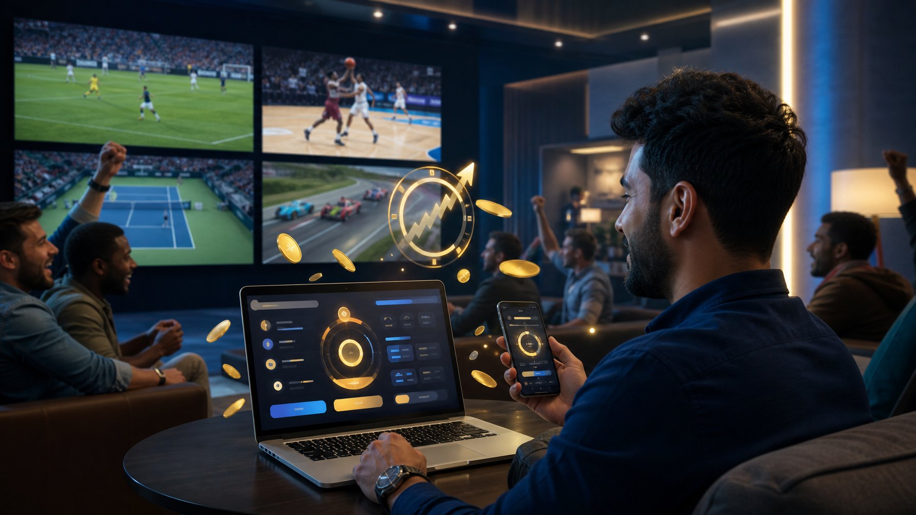 Seorang dewasa menggunakan laptop dan ponsel di lounge olahraga modern dengan layar pertandingan dan elemen hadiah berwarna emas.