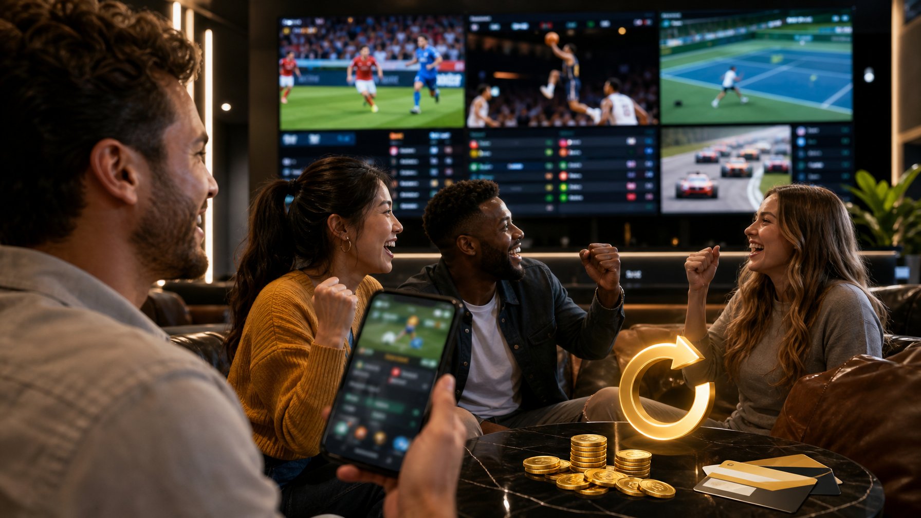 Sekelompok orang dewasa menyaksikan pertandingan olahraga langsung di lounge modern dengan layar besar dan simbol hadiah cashback.