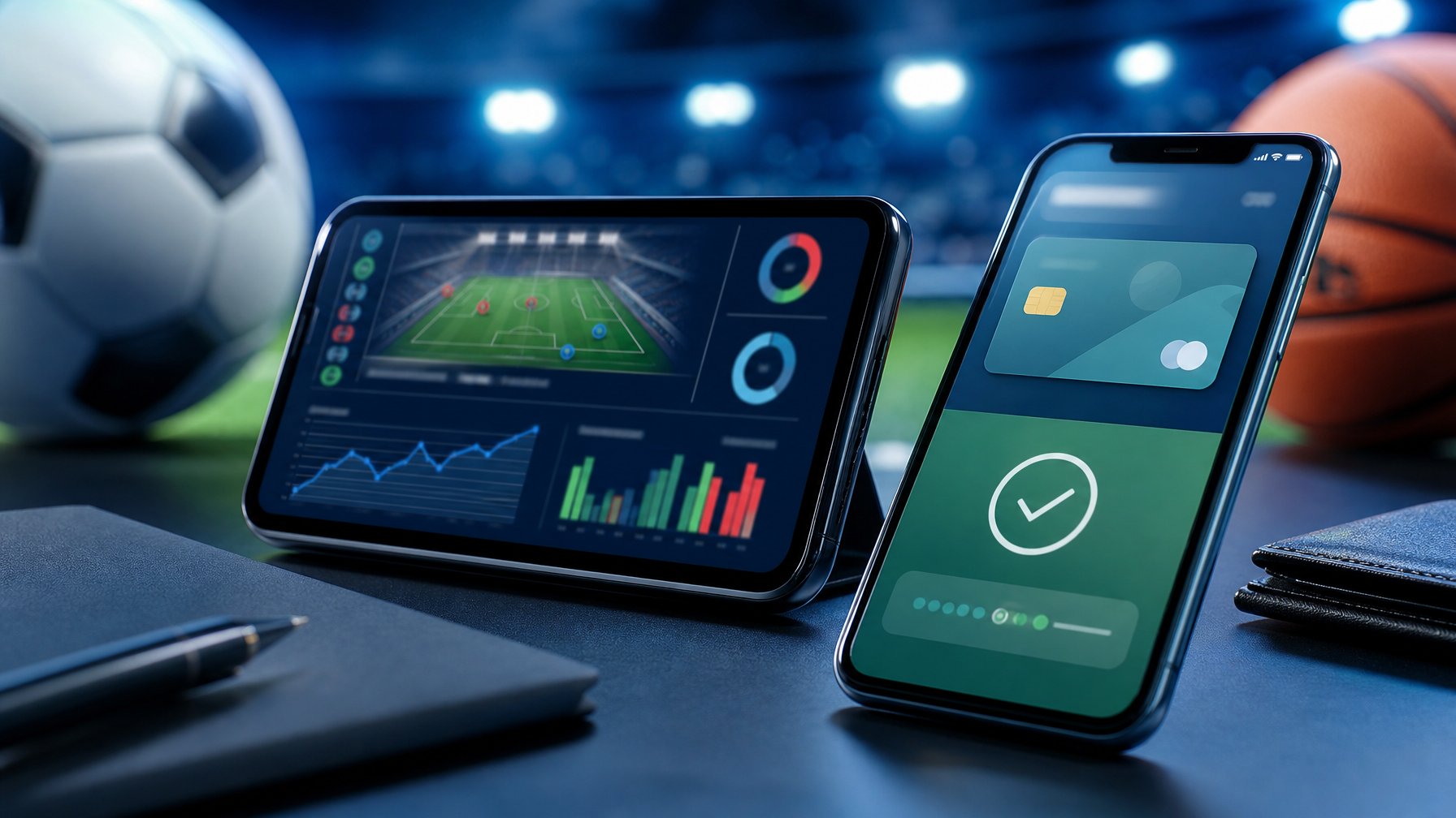 Dua ponsel menampilkan antarmuka digital abstrak di atas meja dengan elemen olahraga dan cahaya stadion di latar belakang.