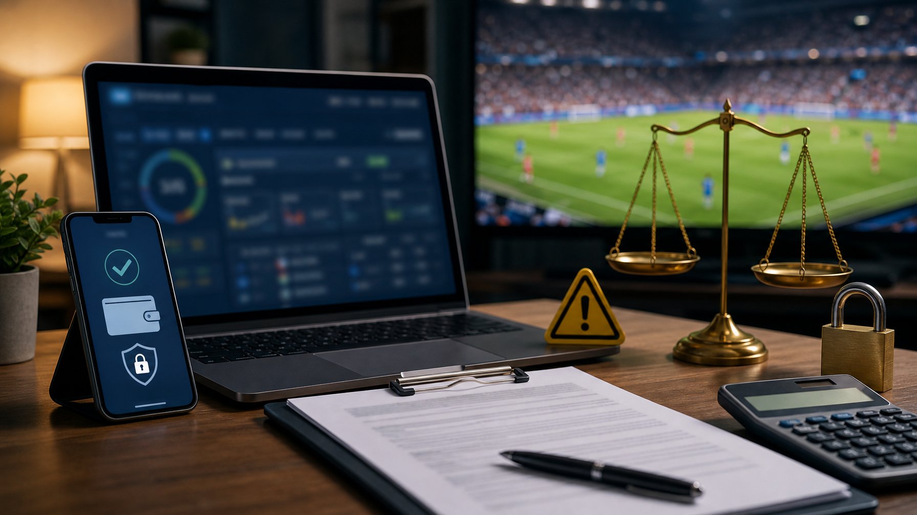 Laptop dan ponsel menampilkan simbol keamanan di meja bersama dokumen hukum, kalkulator, gembok, dan tanda peringatan, dengan pertandingan olahraga samar di latar belakang.