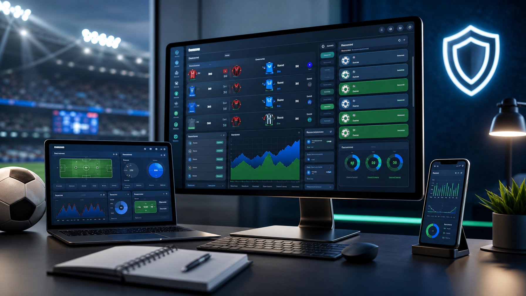 Ruang kerja modern dengan layar yang menampilkan analisis pertandingan sepak bola dan susunan mix parlay.