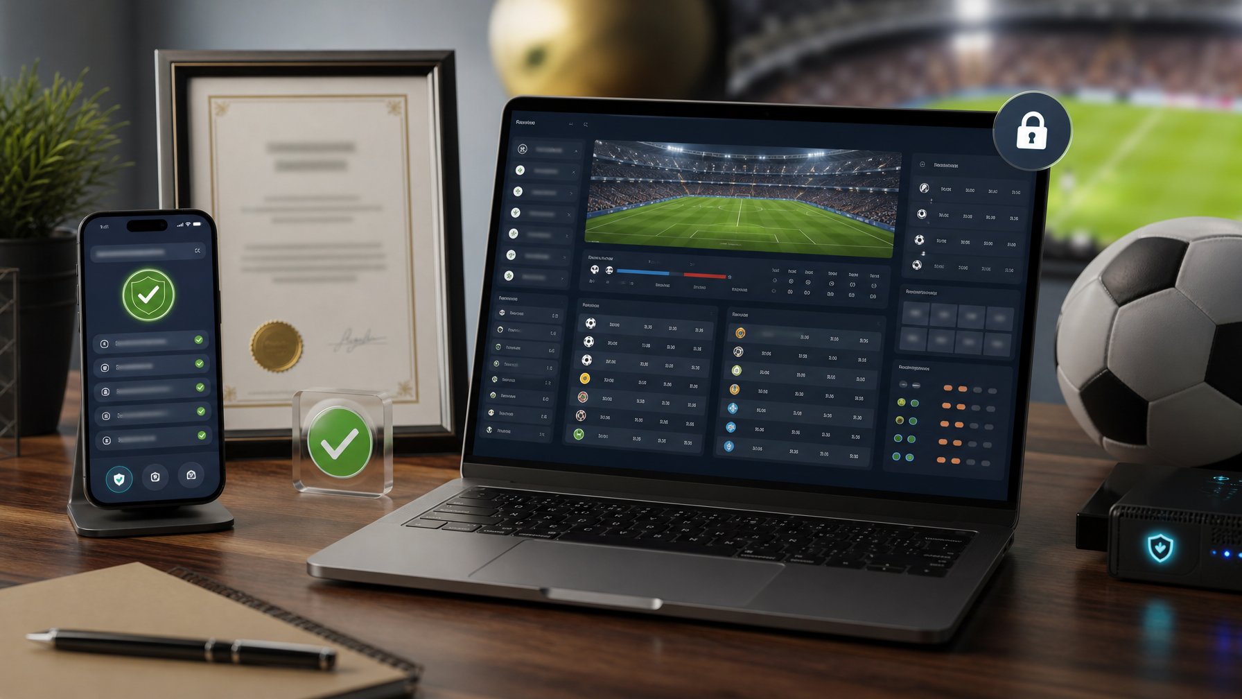 Laptop dan ponsel menampilkan antarmuka analitik sepak bola dengan simbol keamanan di meja kerja modern.