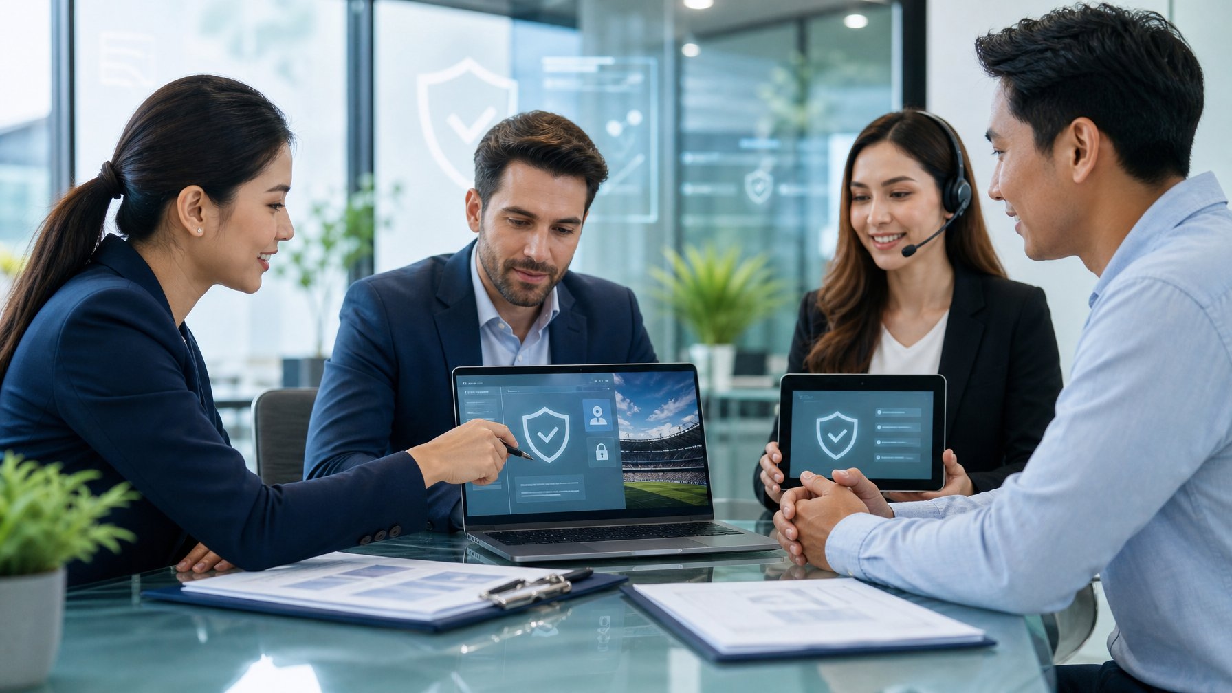 Sekelompok profesional meninjau platform olahraga aman di kantor modern dengan simbol perlindungan dan dokumen layanan.