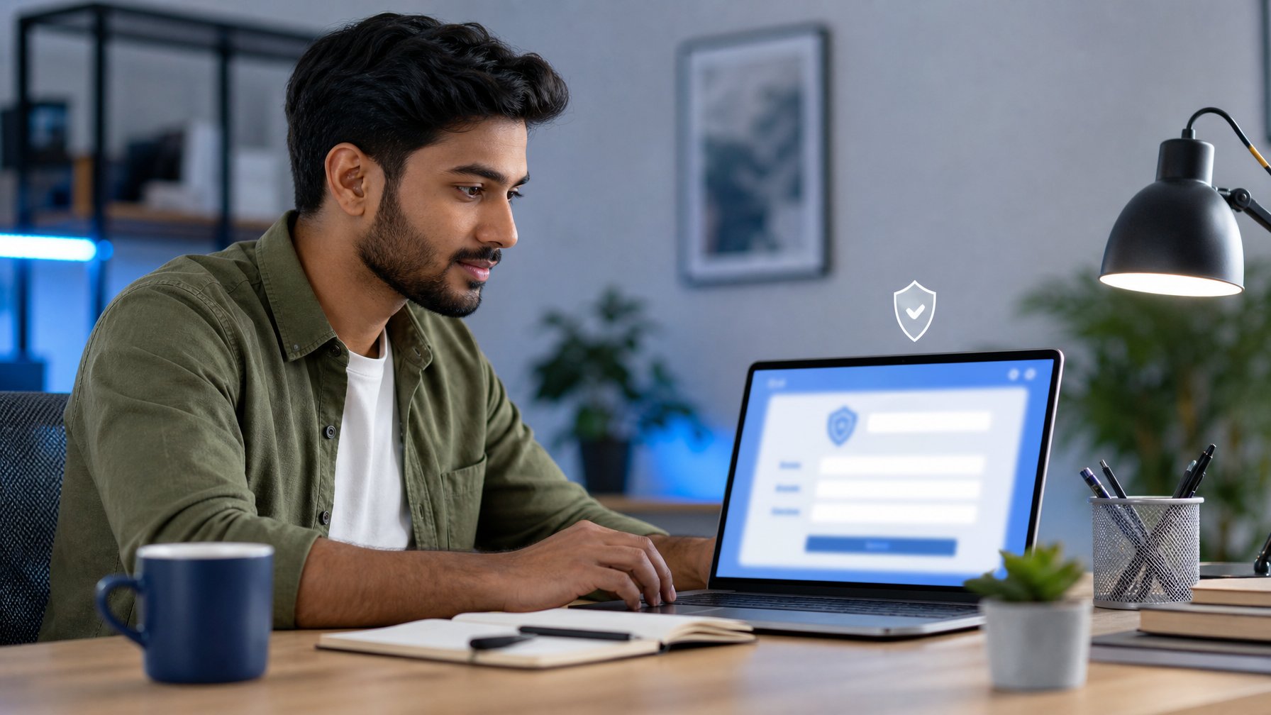 Orang dewasa menggunakan laptop di meja kerja modern dengan tampilan formulir pendaftaran abstrak dan simbol keamanan digital.