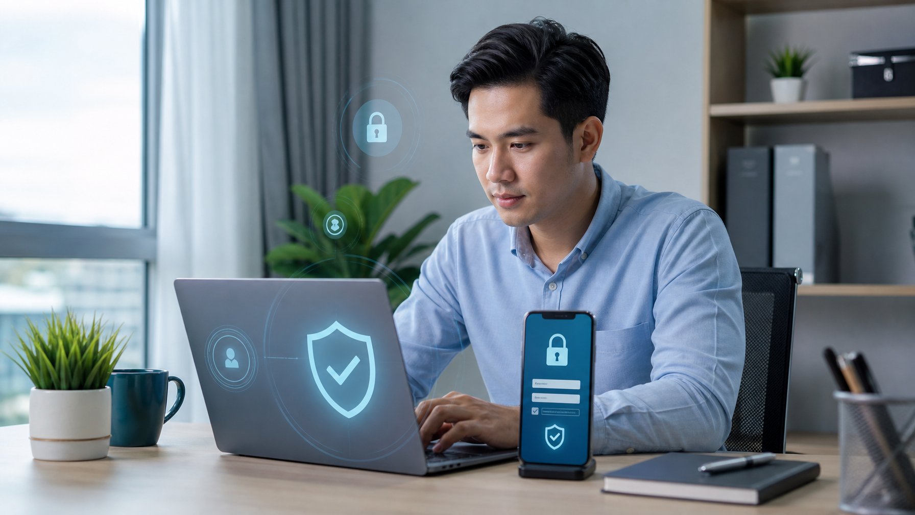 Seseorang memeriksa keamanan pendaftaran akun pada laptop dan ponsel di ruang kerja modern.