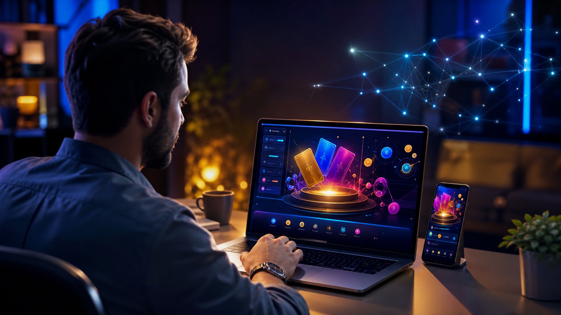 Seseorang menggunakan laptop dan ponsel dengan tampilan permainan digital abstrak di meja modern.