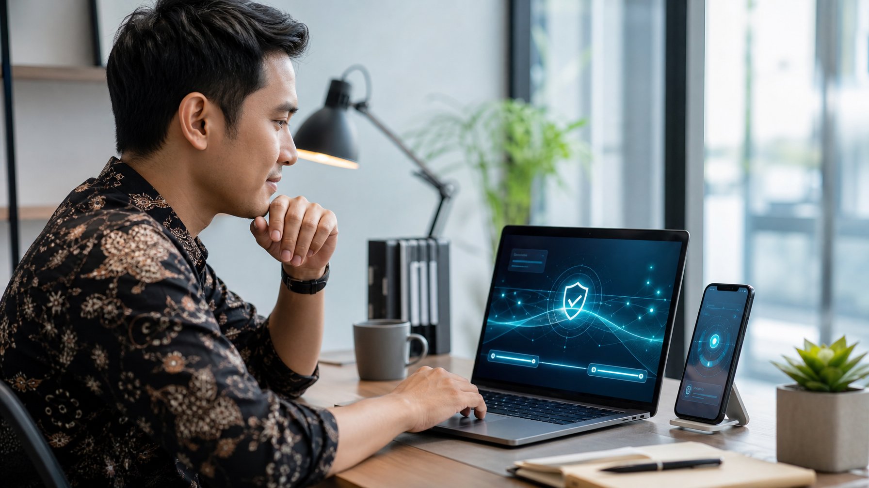 Seorang profesional menggunakan laptop dan ponsel dengan ilustrasi abstrak koneksi digital yang aman.