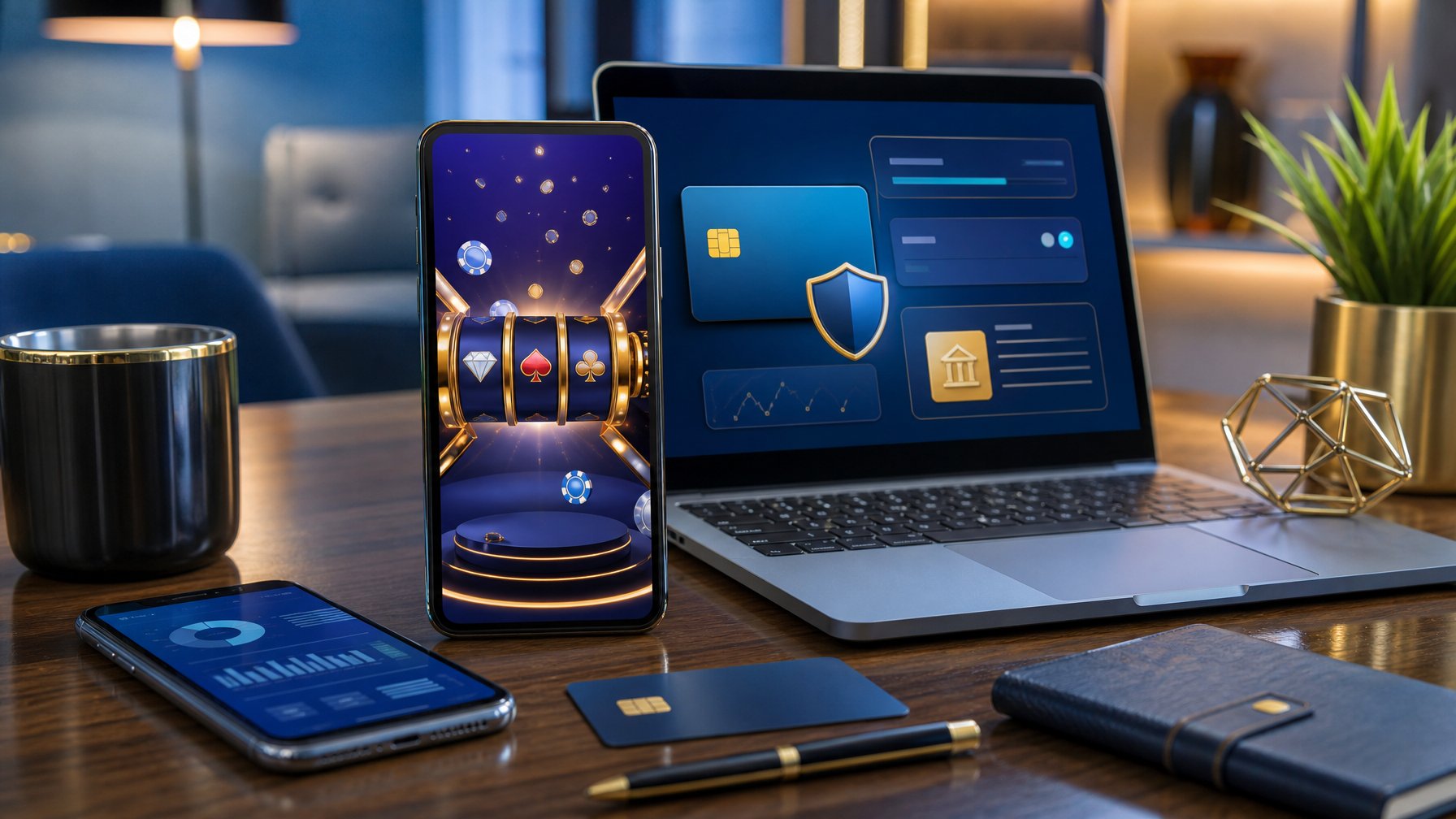 Ponsel dan laptop menampilkan antarmuka permainan digital serta pembayaran perbankan di atas meja modern.