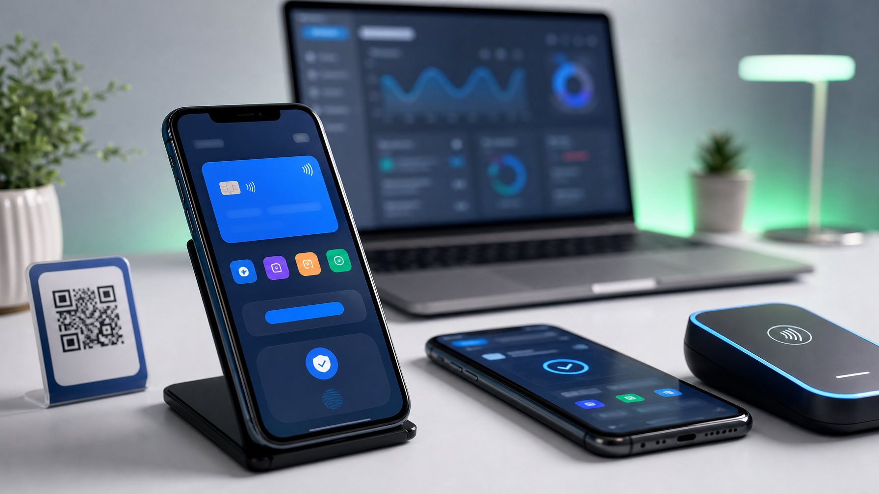 Ponsel dan perangkat pembayaran digital berada di meja kerja modern dengan tampilan transaksi abstrak.