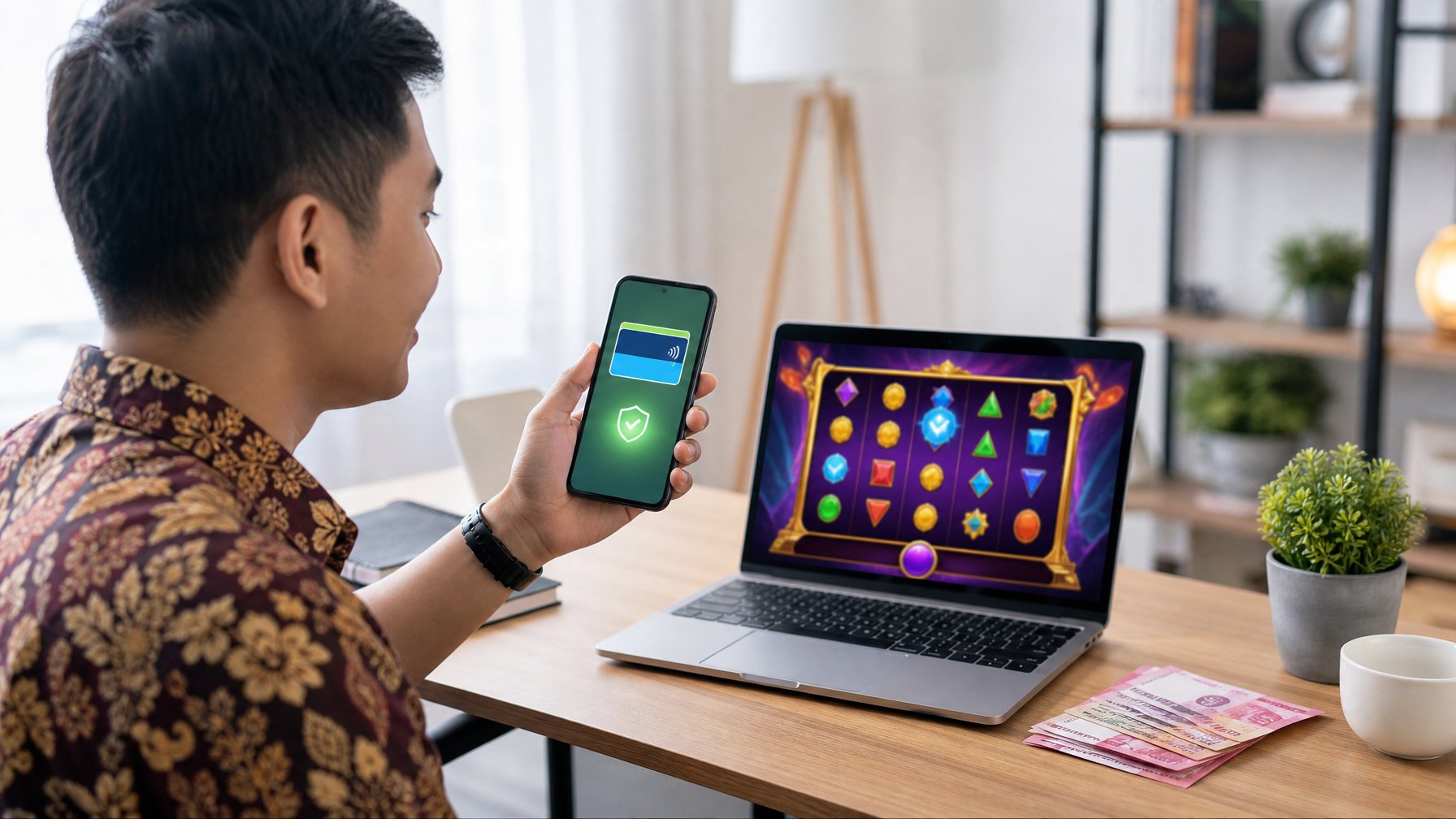 Orang dewasa menggunakan laptop dan ponsel untuk permainan daring serta pembayaran dompet digital di meja kerja.