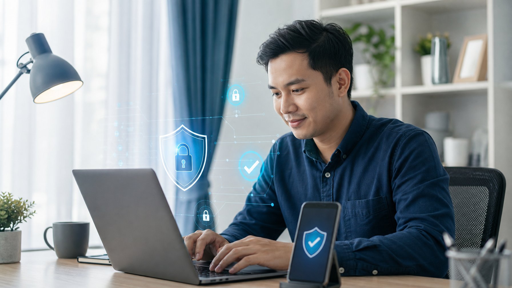 Seseorang menggunakan laptop dan ponsel dengan simbol perisai serta gembok yang menggambarkan transaksi digital aman.