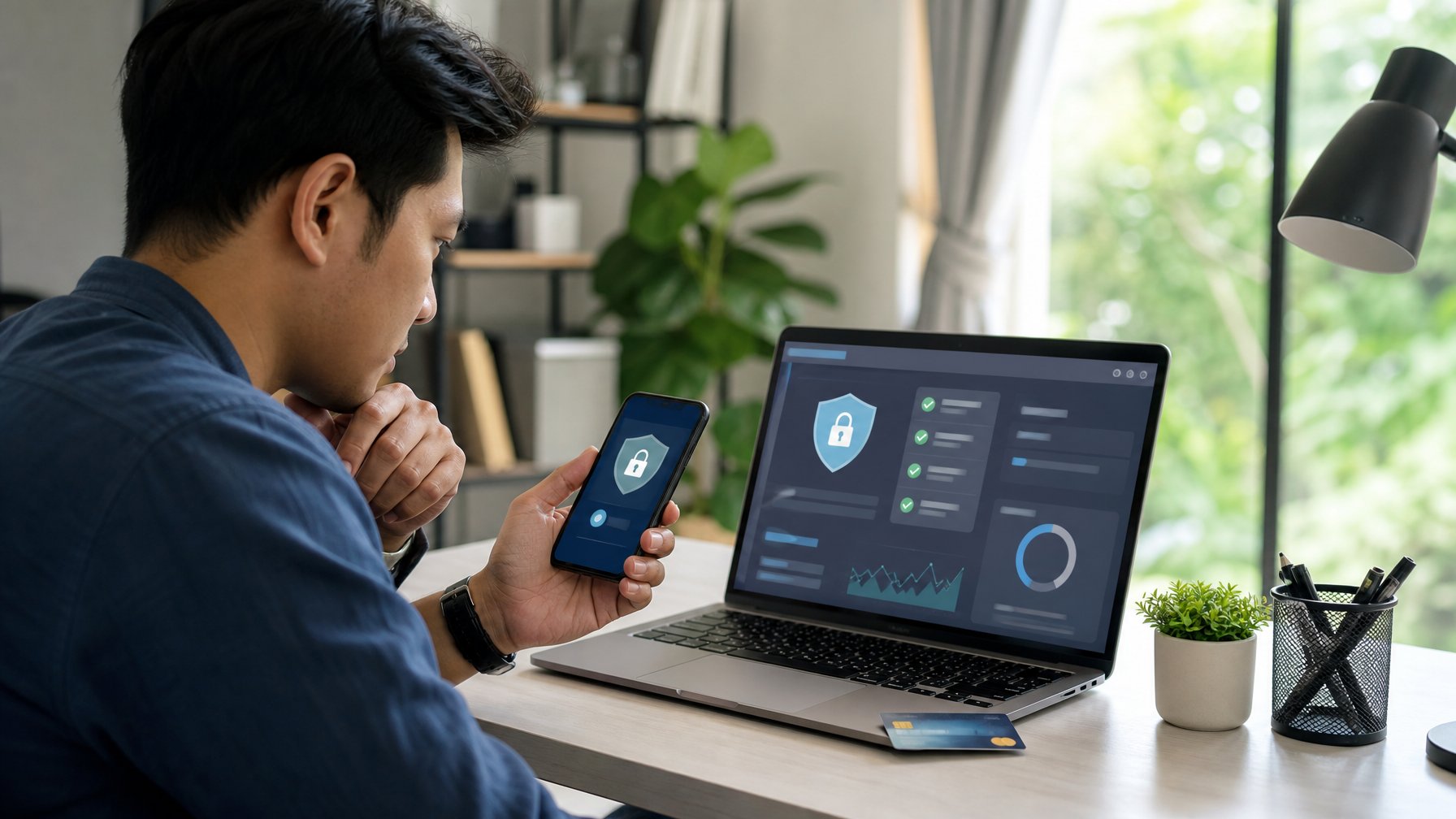 Seseorang memeriksa keamanan platform online di laptop sambil menggunakan ponsel untuk verifikasi.