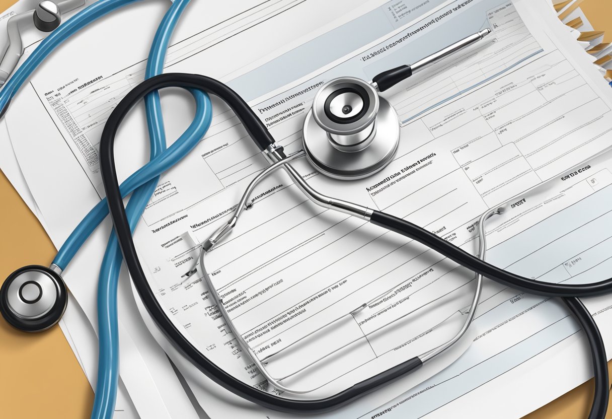 A digital illustration of stethoscope’s on top of medical paperwork