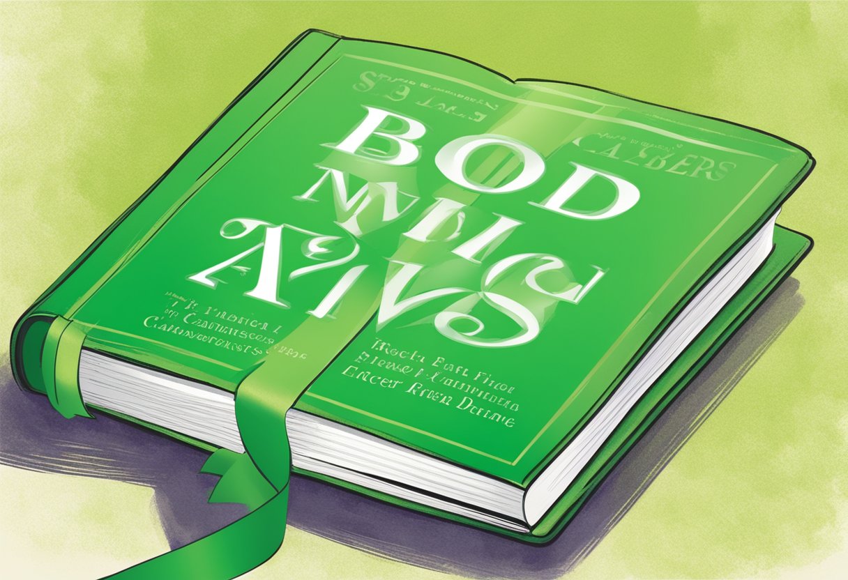 A digital illustration of a green book with a green ribbon.