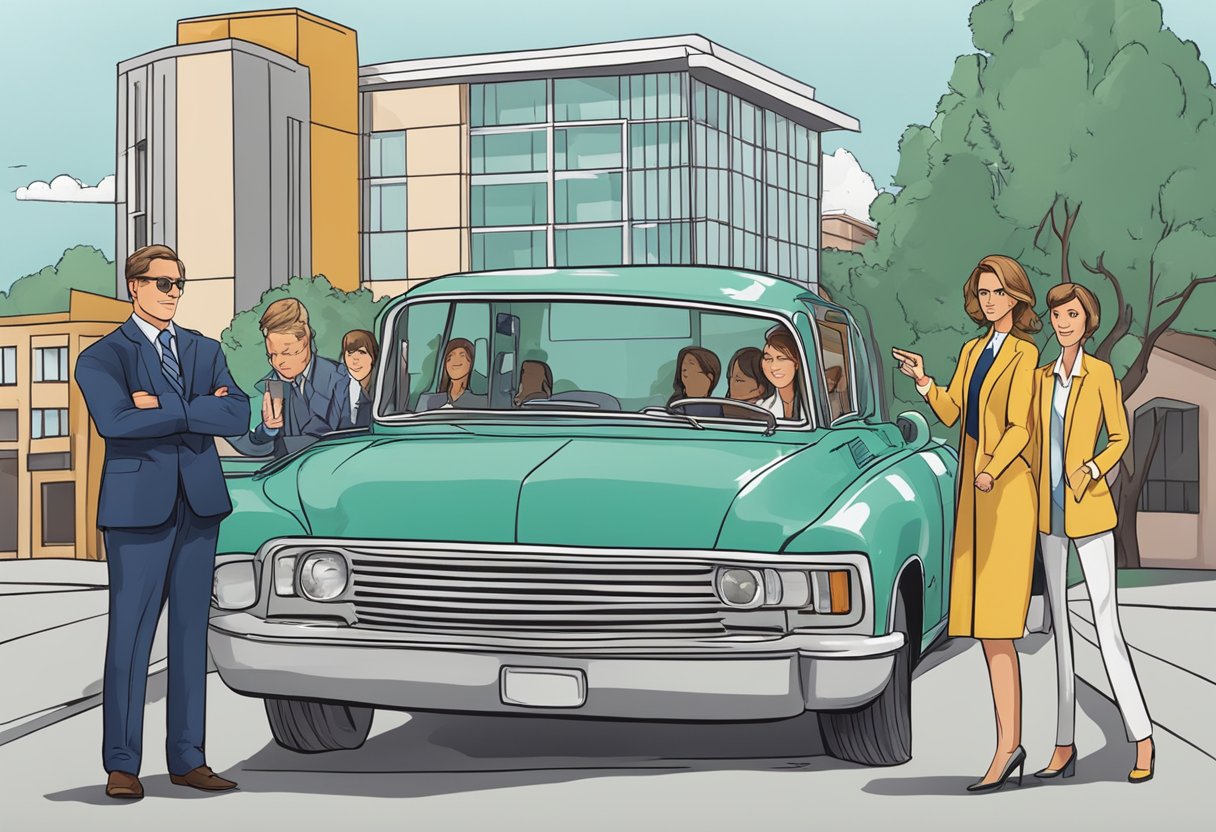 A digital illustration of men and women standing outside of a car with a modern office building in the background.