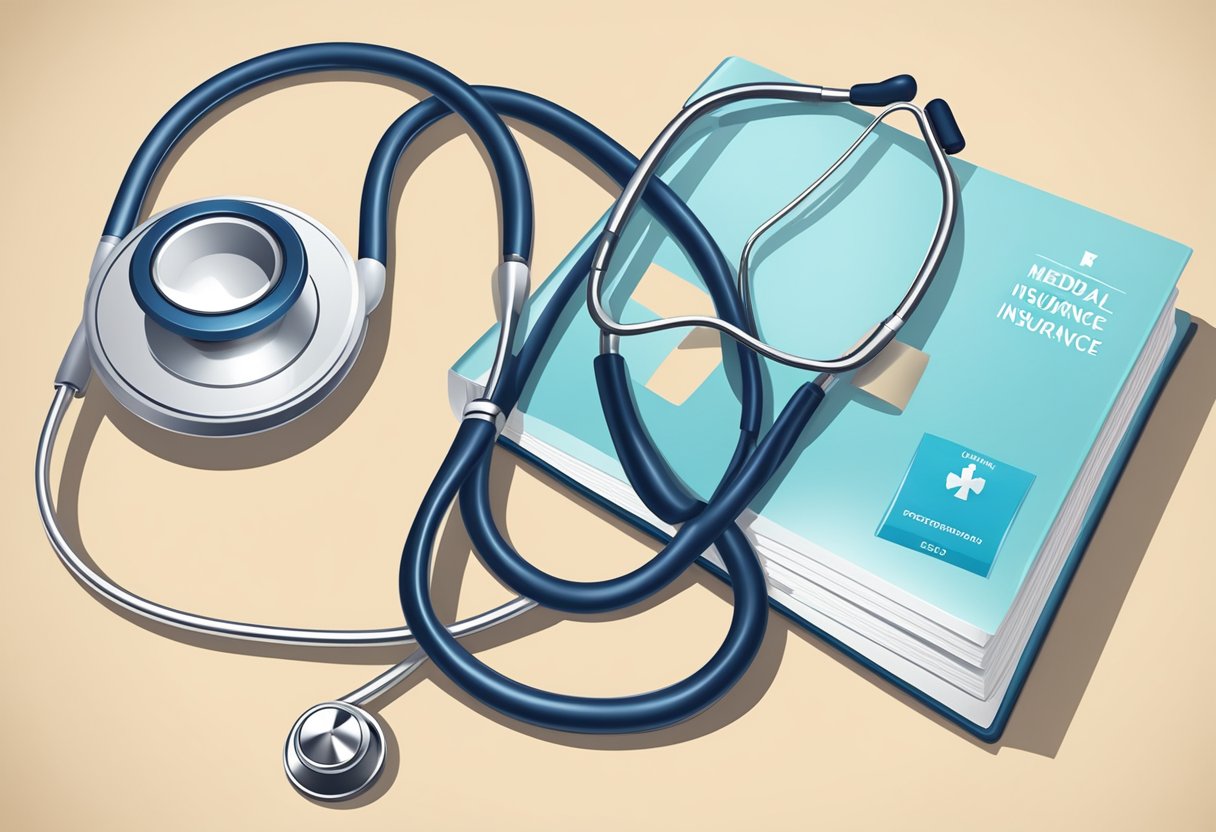 A digital illustration of a stethoscope with a medical book on a baige background.