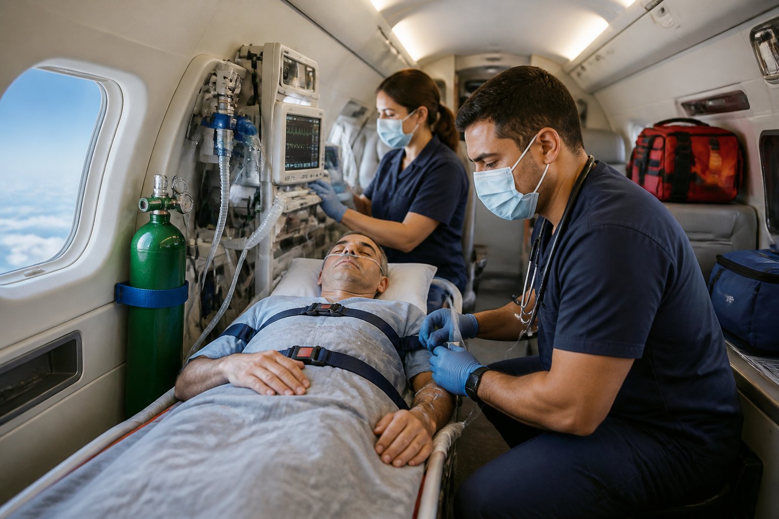 Equipe médica acompanha um paciente em uma maca dentro de uma ambulância aérea durante o voo.