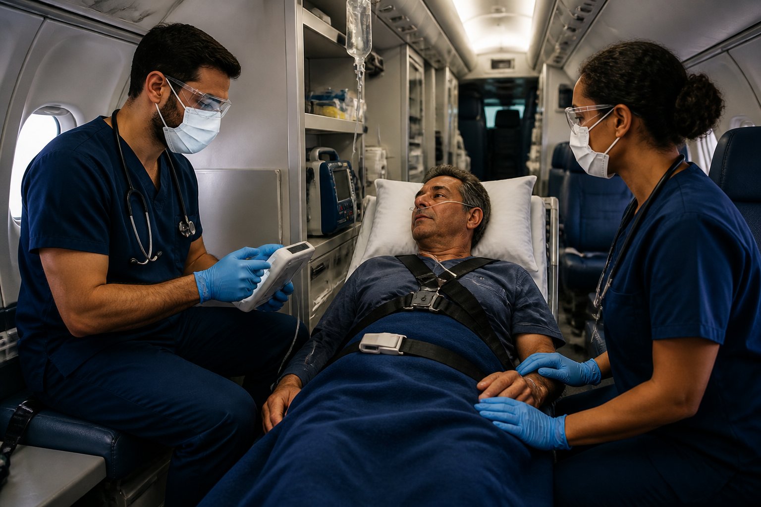 Equipe médica avalia os sinais vitais de um paciente em uma ambulância aérea durante o transporte.