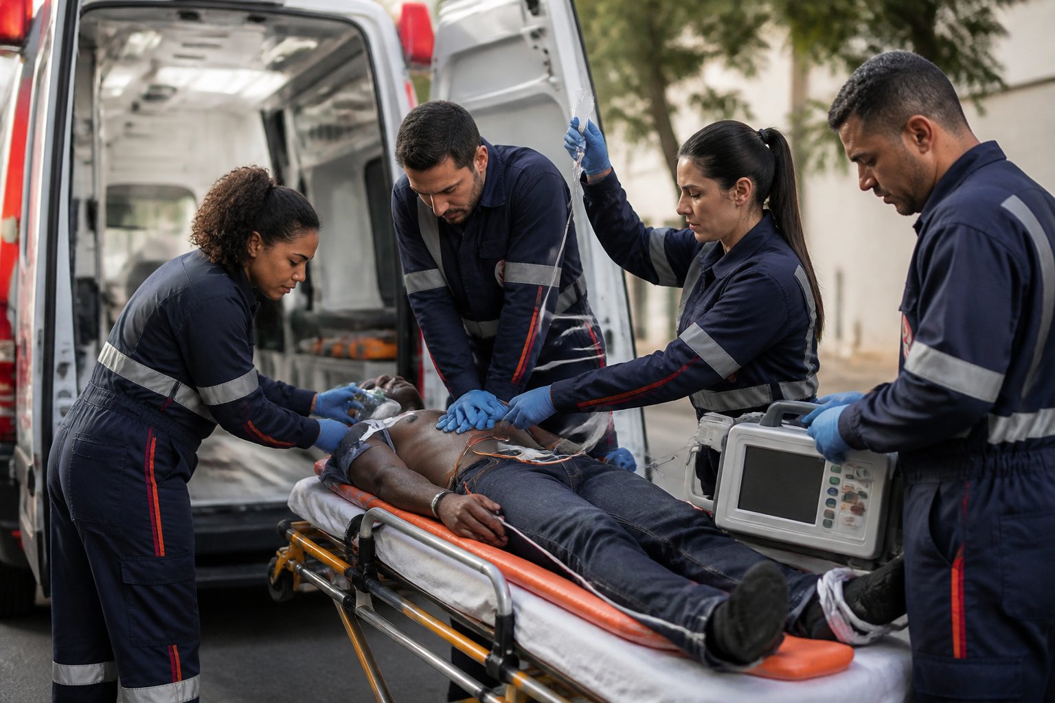 Paramédicos atendem um paciente em uma maca ao lado de uma ambulância em uma rua urbana.