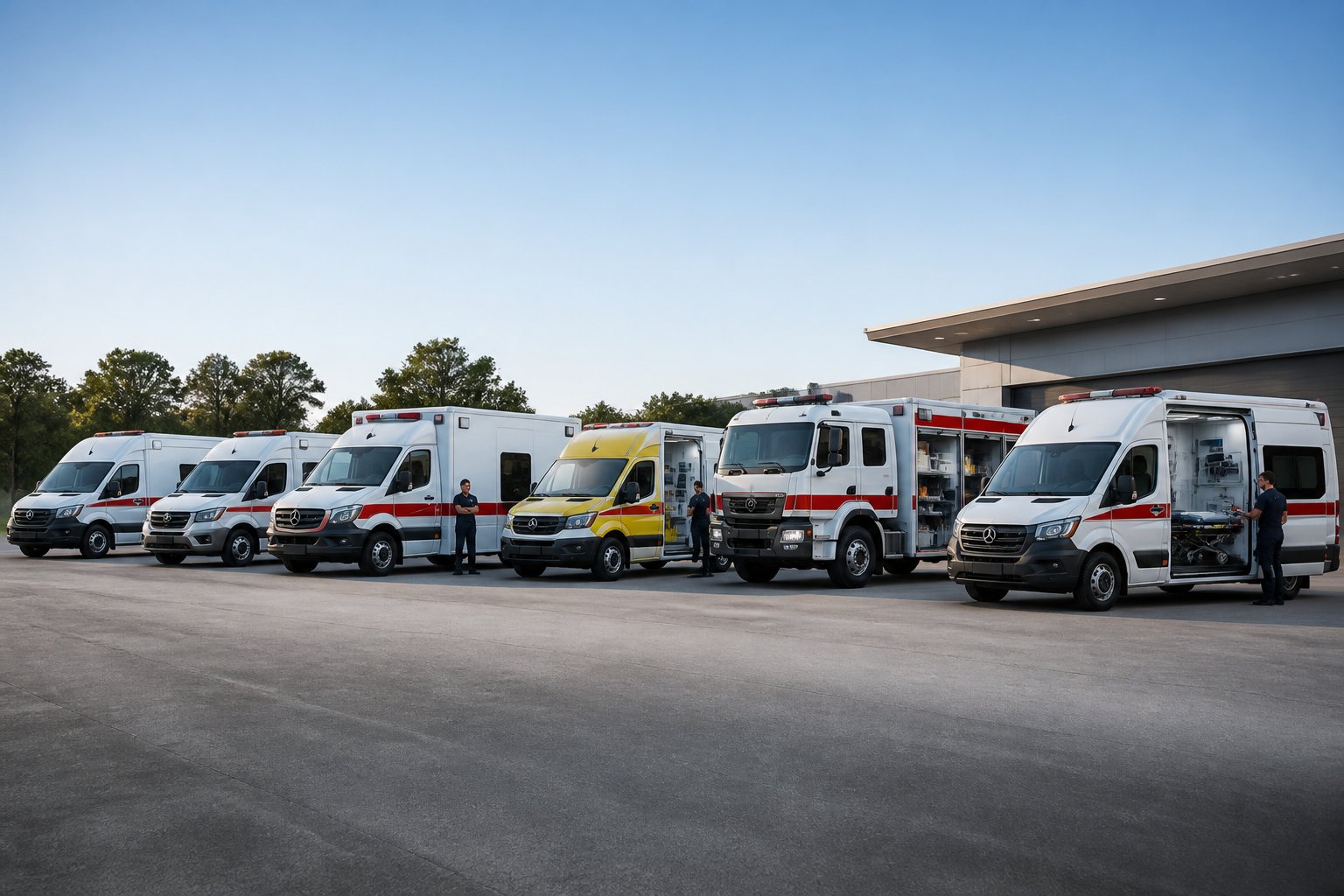 Quais os Tipos de Ambulância: Classificações e Suas Funções 1 Seis ambulâncias de diferentes tipos estão alinhadas em uma área externa de atendimento de emergência.