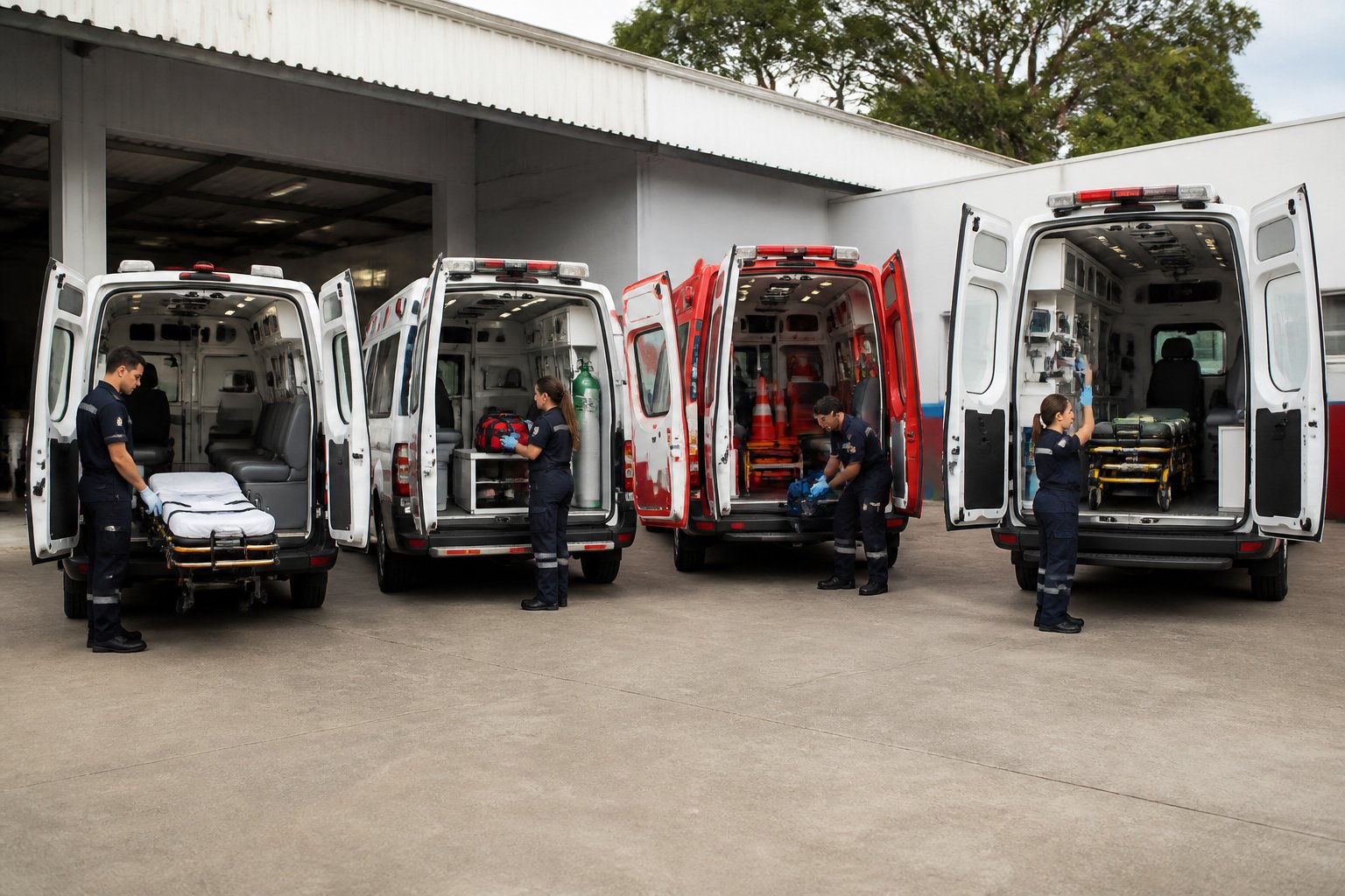 Quais os Tipos de Ambulância: Classificações e Suas Funções 2 Quatro tipos de ambulância lado a lado, com profissionais preparando equipamentos médicos em uma base de emergência.