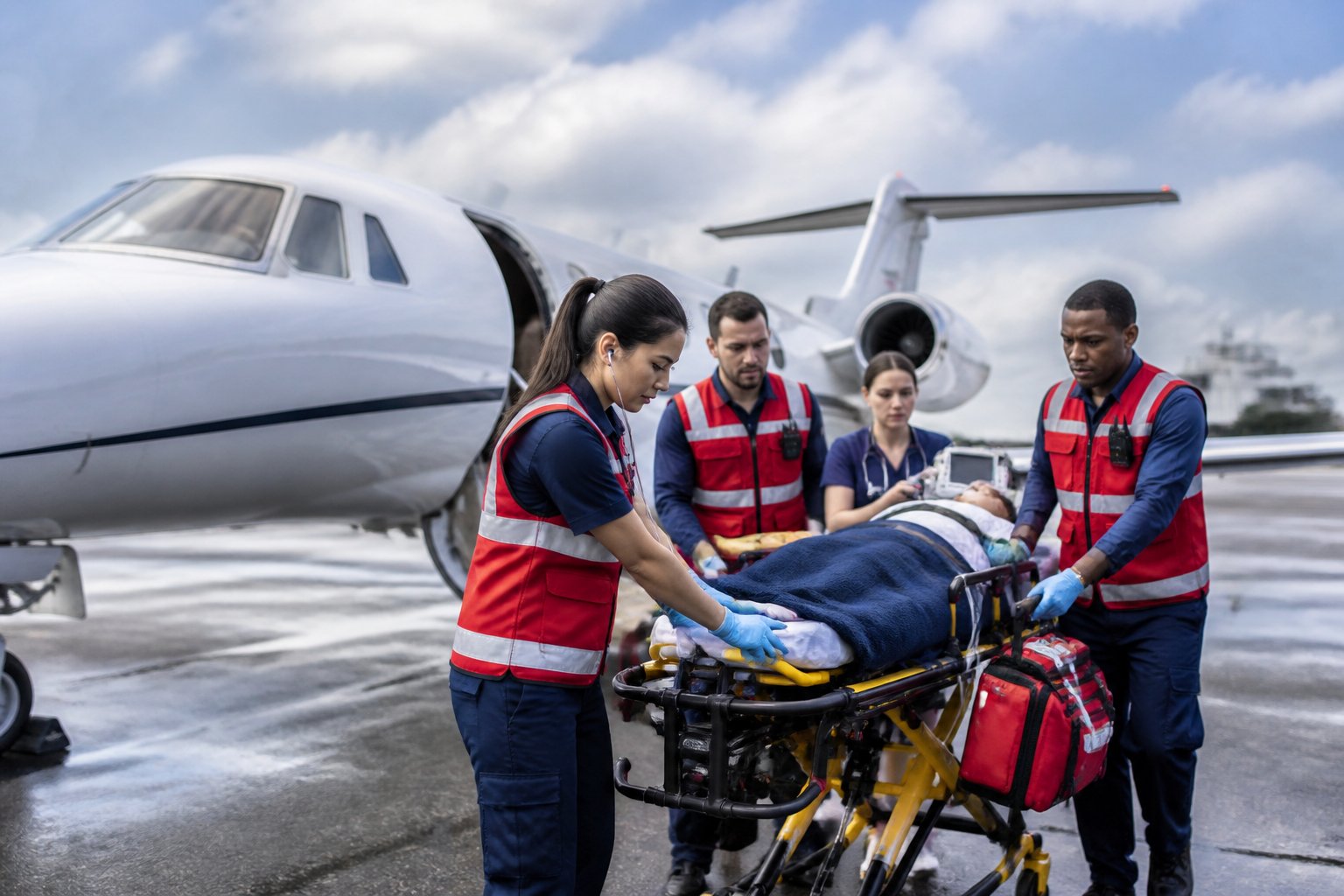 Serviço de Ambulância Aérea: Como Funciona e Quando Utilizar 1 Equipe médica transporta um paciente em uma maca junto a uma ambulância aérea.