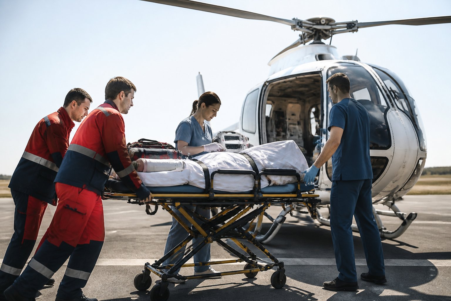 Serviço de Ambulância Aérea: Como Funciona e Quando Utilizar 2 Equipe médica transporta um paciente em maca até uma aeronave de ambulância aérea.