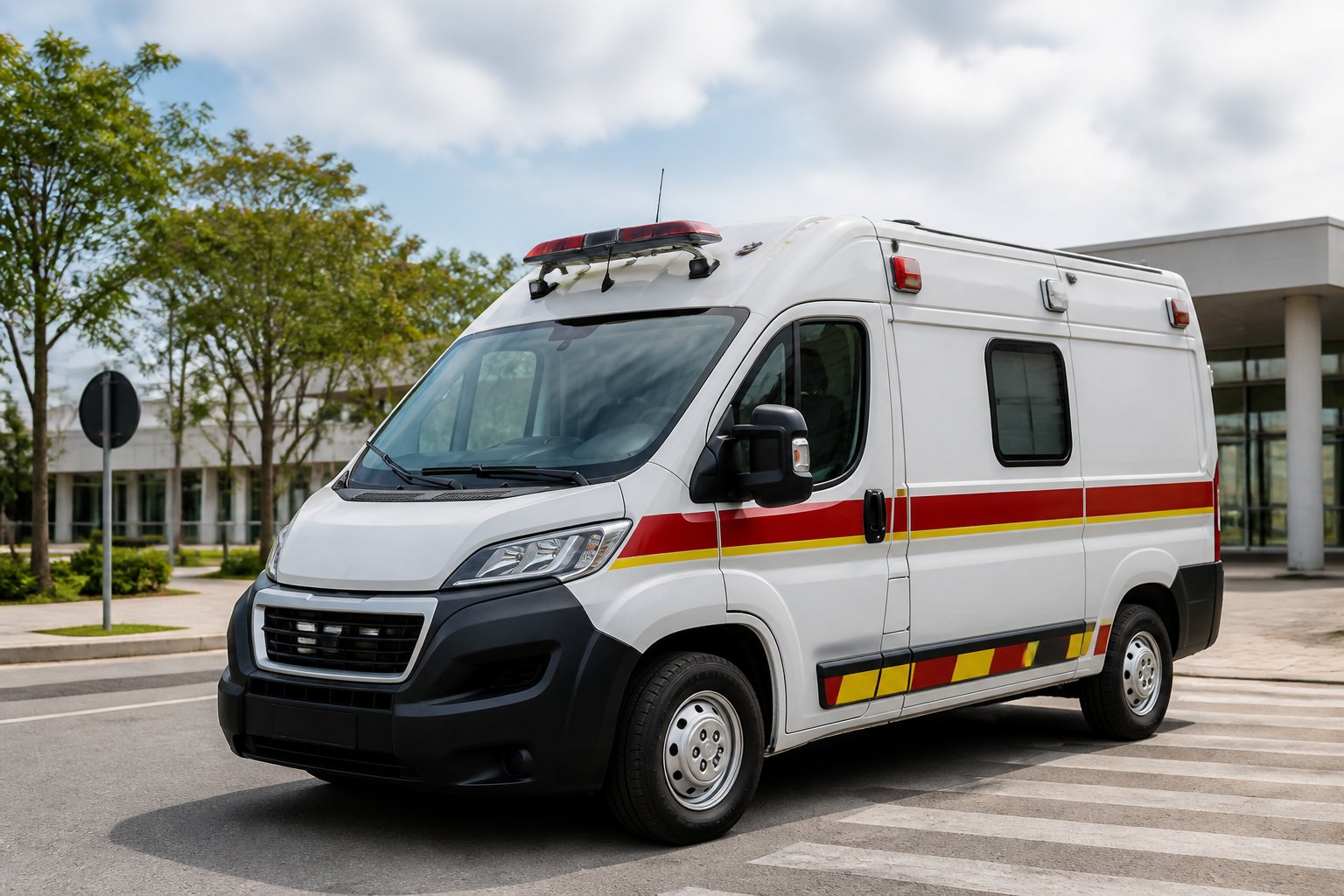Ambulância branca estacionada em frente a uma unidade de saúde, vista em perspectiva.