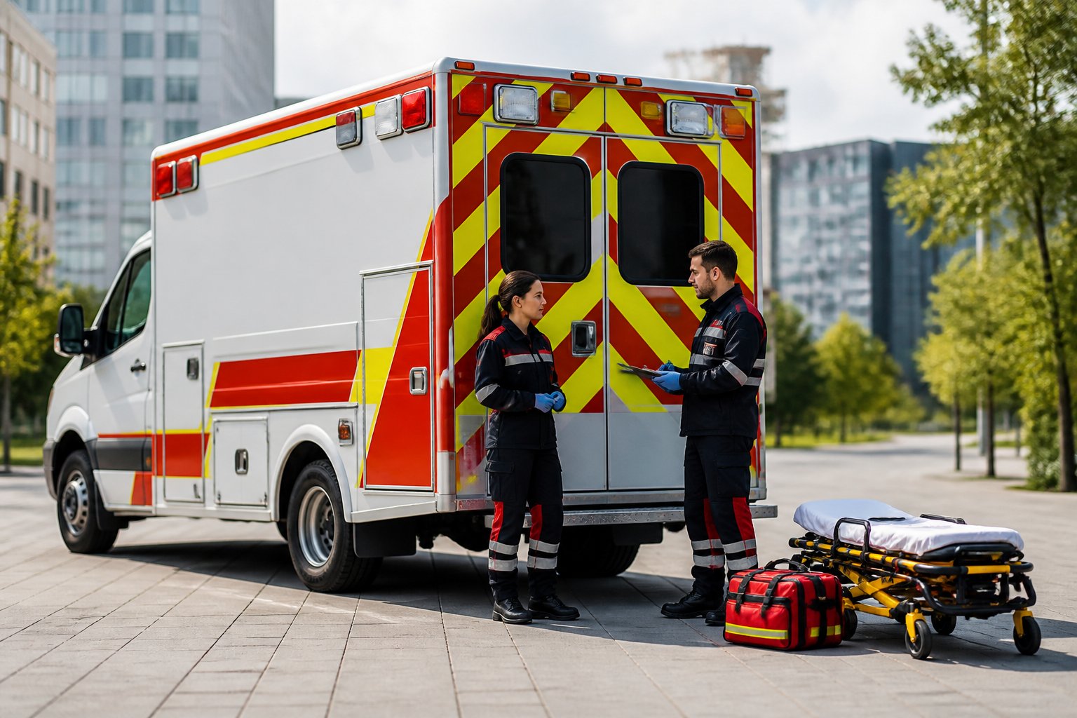 Ambulância de suporte básico estacionada em uma área urbana, acompanhada por dois profissionais e equipamentos de atendimento.