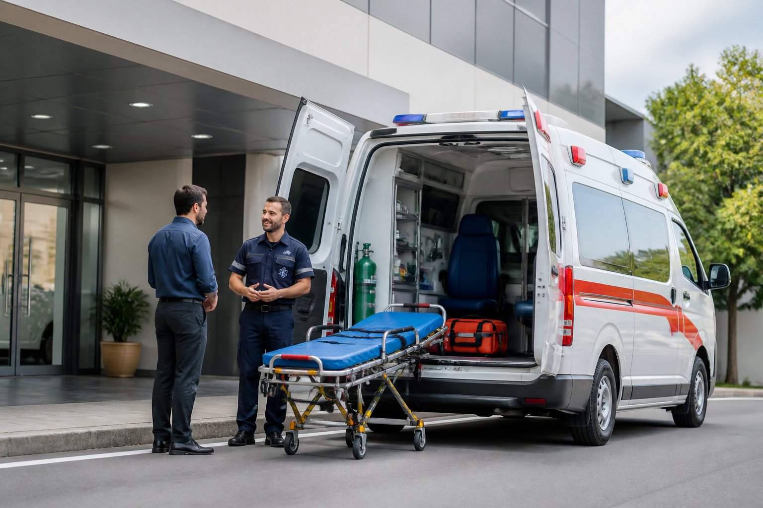Alugar Ambulância Preço: Guia Completo de Valores e Fatores 4 Ambulância moderna estacionada diante de um hospital, com profissionais de saúde e equipamentos médicos.