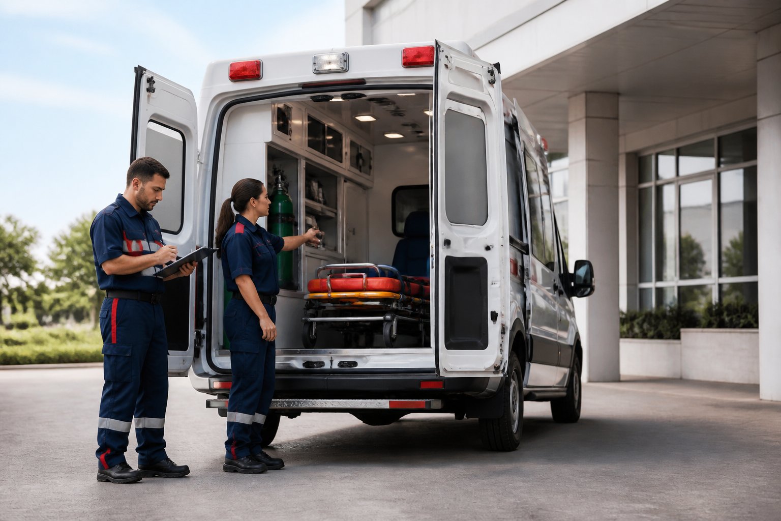 Alugar Ambulância Preço: Guia Completo de Valores e Fatores 5 Ambulância moderna sendo inspecionada por profissionais de saúde em frente a uma clínica.