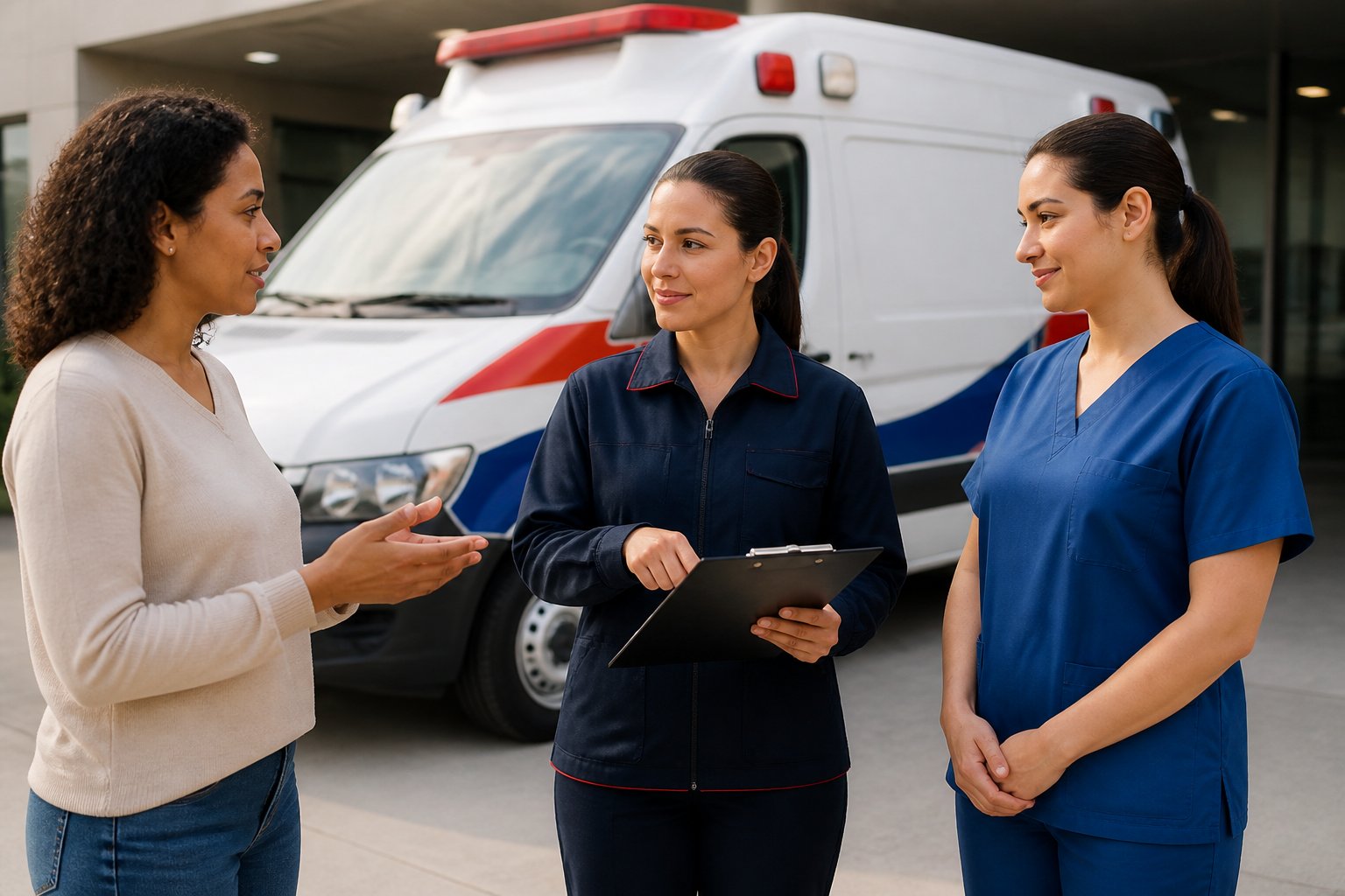 Profissional orienta um cliente sobre a contratação de uma ambulância particular enquanto registra as necessidades do paciente.