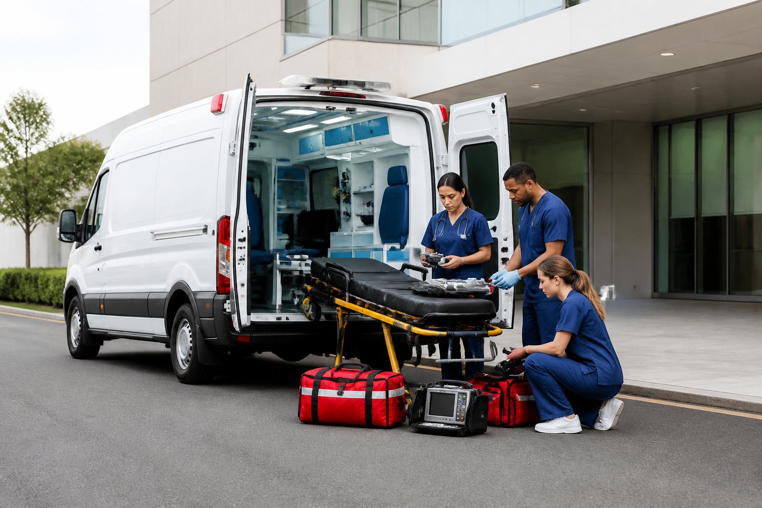 Ambulância UTI móvel moderna com equipe médica conferindo equipamentos em frente a um hospital.