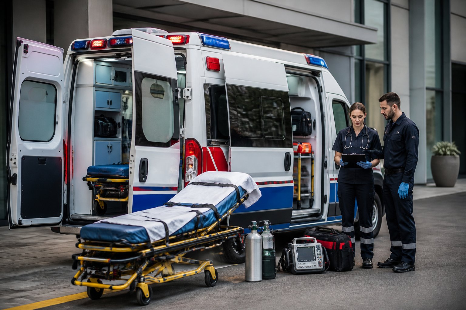 Ambulância de UTI móvel estacionada em frente a um hospital, com dois profissionais de emergência e equipamentos médicos.