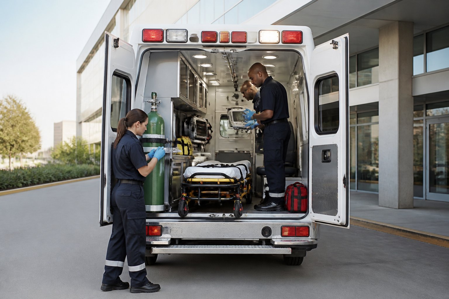 Ambulância UTI Valor: Quanto Custa e Quais Fatores Influenciam o Preço 1 Ambulância UTI móvel com equipamentos médicos visíveis e profissionais de saúde realizando uma checagem em frente a um hospital.