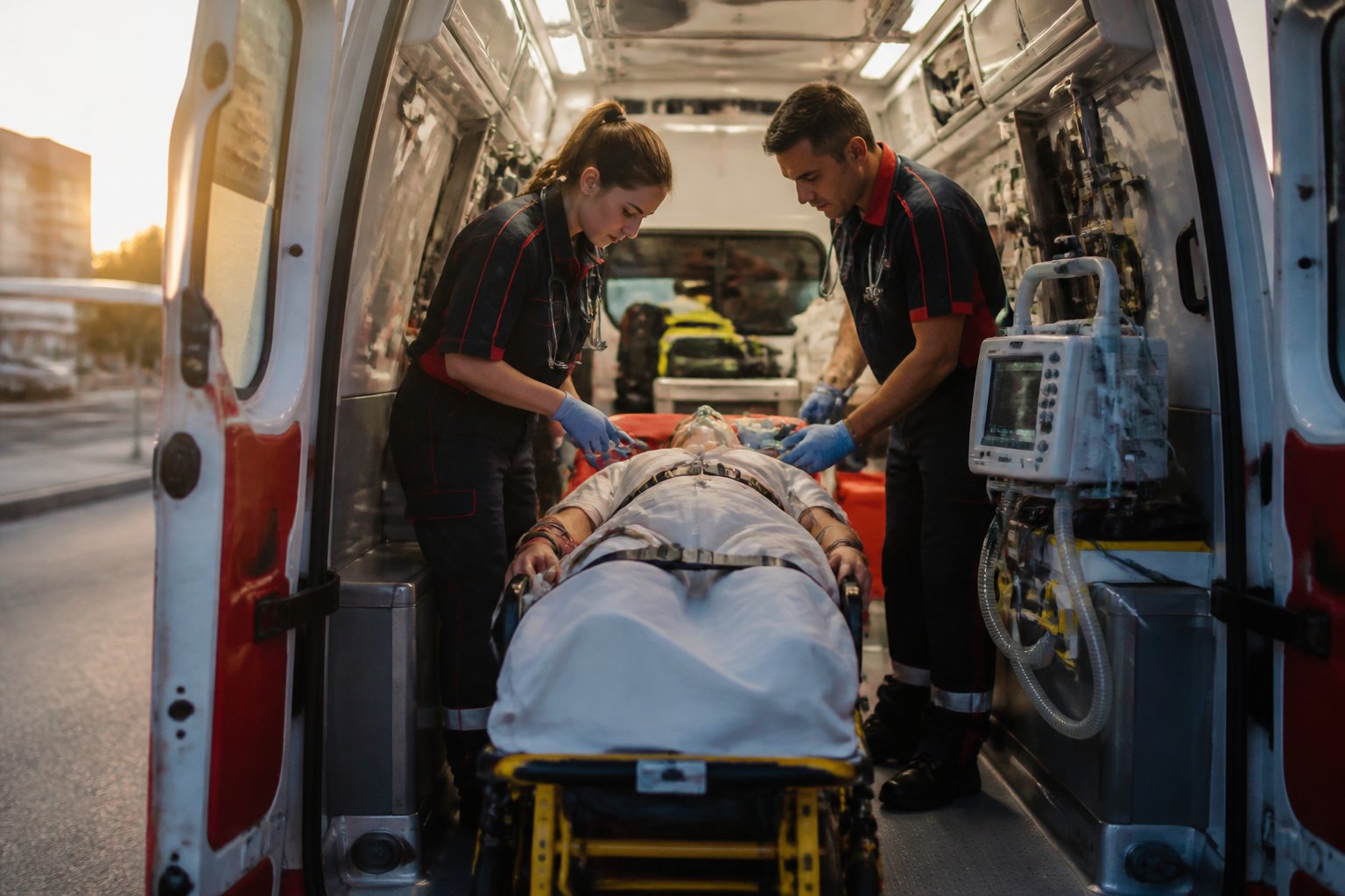 Ambulância UTI Valor: Quanto Custa e Quais Fatores Influenciam o Preço 2 Profissionais de saúde monitoram um paciente em estado crítico dentro de uma ambulância equipada para terapia intensiva.