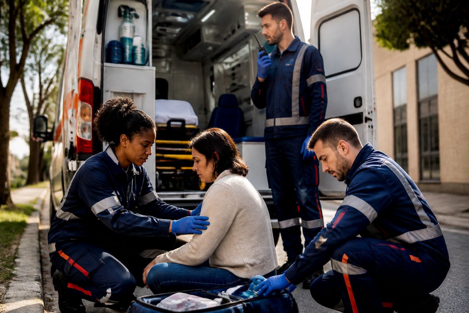 Paramédicos prestam atendimento a uma pessoa ao lado de uma ambulância em uma rua urbana.