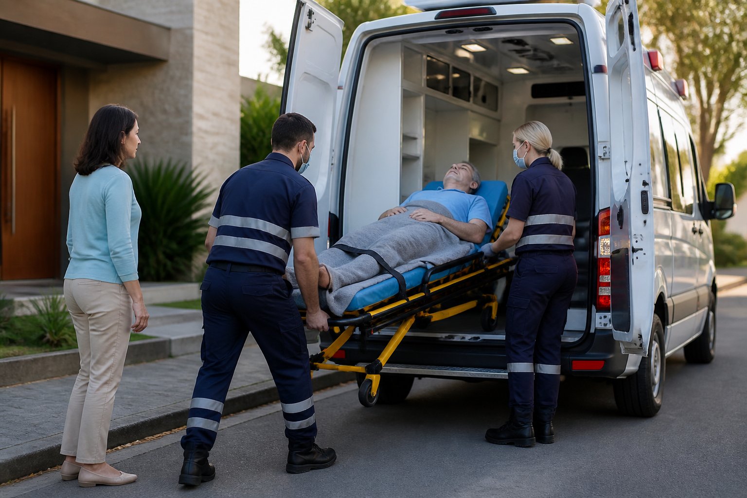 Profissionais de saúde ajudam um paciente com mobilidade reduzida a entrar em uma ambulância particular.