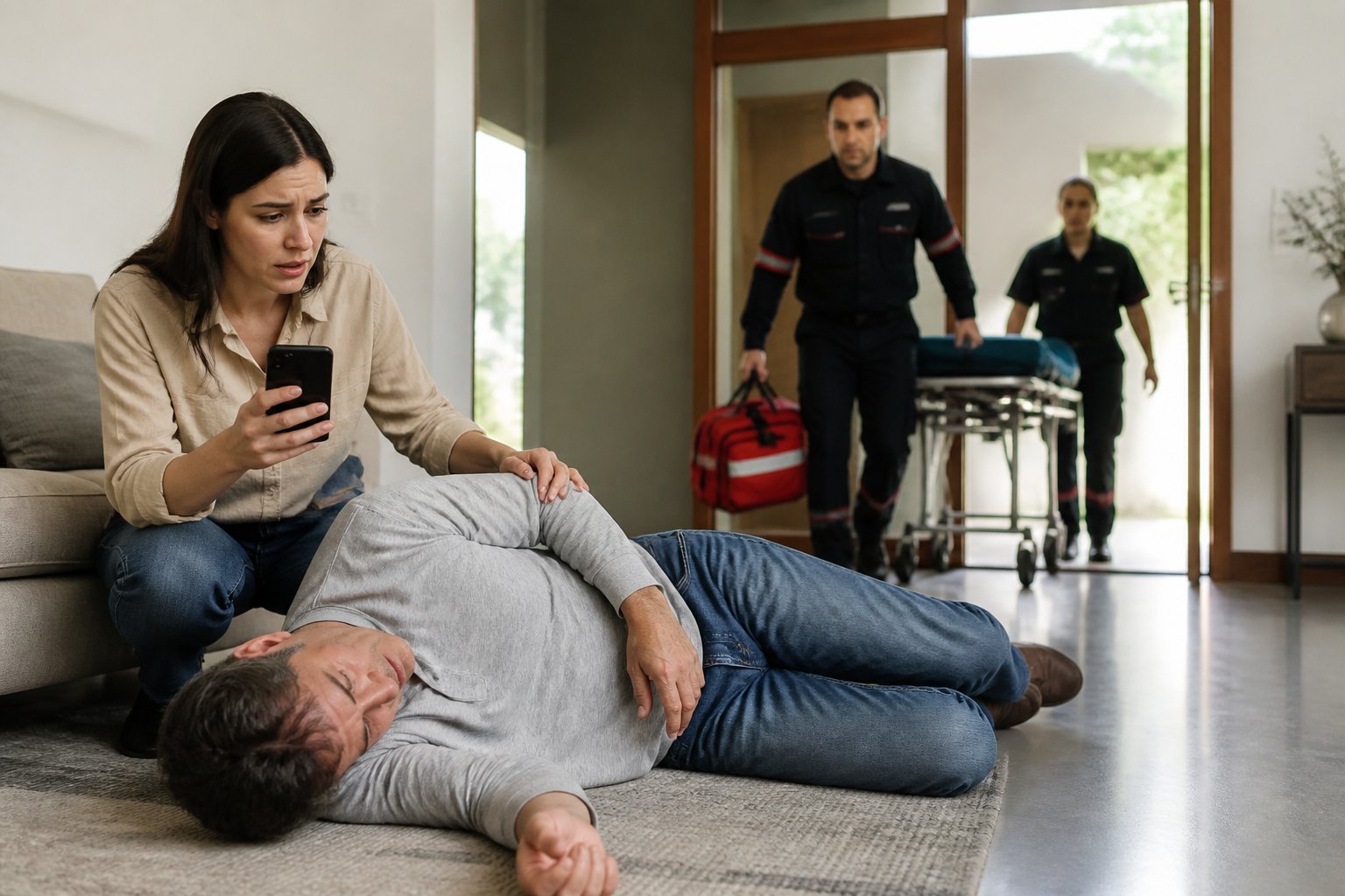 Pessoa recebe atendimento de emergência enquanto um cuidador busca ajuda médica pelo celular.
