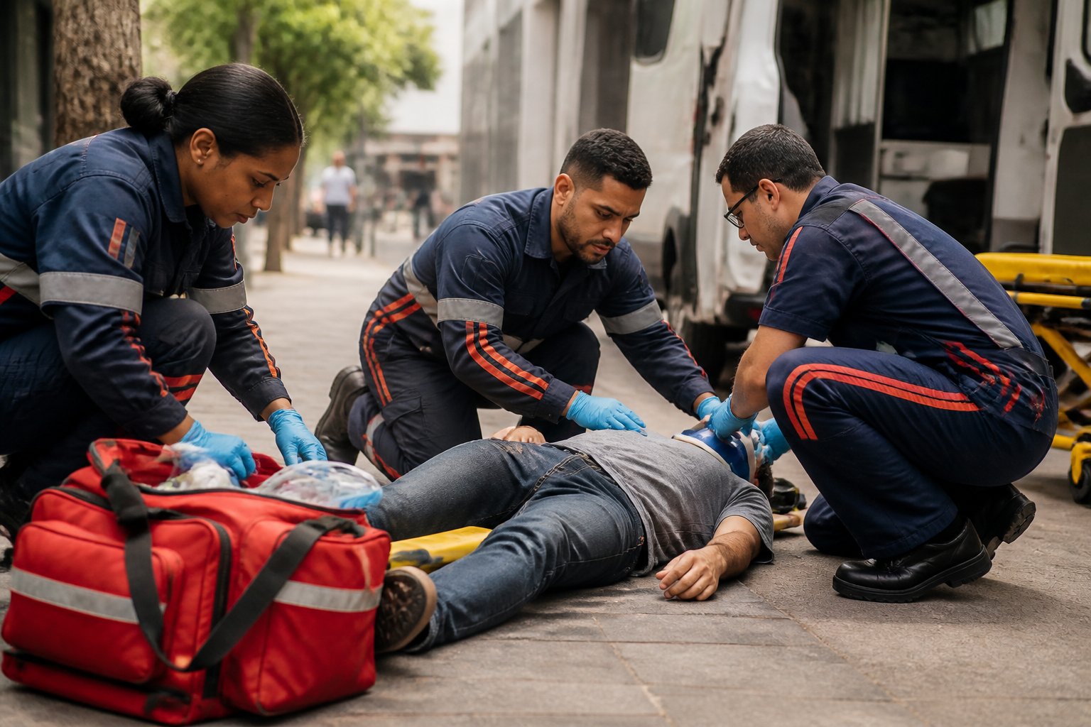 Paramédicos atendem uma pessoa em uma calçada urbana ao lado de uma ambulância.